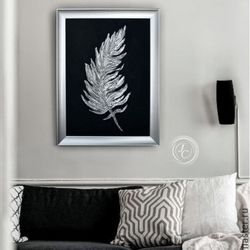 silver feather abstract painting silver and black wall art | modern wall decor textured artwork