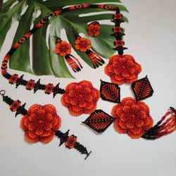 set of beaded jewelry with black and red roses beaded necklace beaded earrings beaded bracelet beaded ring floral jewelr