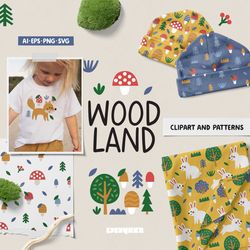 woodland clipart, woodland seamless patterns, forest animals, woodland png, woodland svg