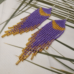 long seed bead gradient fringed boho purple and gold dainty earrings long purple earrings for women