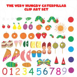 the very hungry caterpillar clip art set, transparent png colorful clipart and outline, svg, eps
