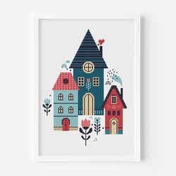 cross stitch pattern autumn houses, dmc cross stitch chart pattern, victorian houses embroidery pdf chart, instant downl