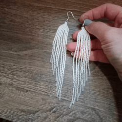 extra long white gradient earrings seed bead earrings boho ombre earrings white beaded earrings fringe white beaded