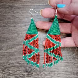 long beaded fringe earrings watermelon long beaded boho earrings long fringe huichol earrings green beaded earrings