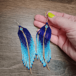 blue gold beaded earrings fringe navy blue beadwork earrings seed bead extra long gradient earrings boho ombre earrings