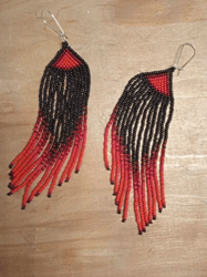 red beaded fringe earrings extra long gradient earrings seed bead earrings boho ombre earrings