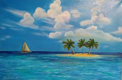 island with palm trees oil painting seascape original artwork 15*23 inch boat near the shore painting