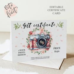 elegant photo session voucher card, gift certificate printable, photographer gift card template, editable certificate