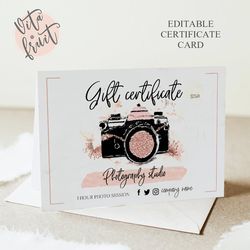 business printable gift certificate, photo session voucher printable template, photography gift card template