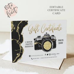 black gift certificate template, photo session voucher printable template, photography voucher, photo gift cards