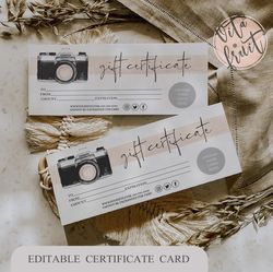 photographer gift card template, modern gift card photography, editable certificate, photo session voucher card