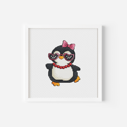 penguin girl dancing in sunglasses, penguin cross stitch pattern pdf instant download, baby penguin counted cross stitch