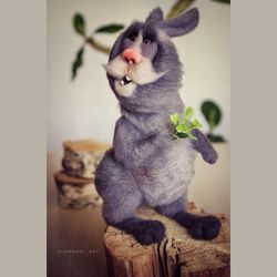 gray rabbit made of felt, handmade collectible toy