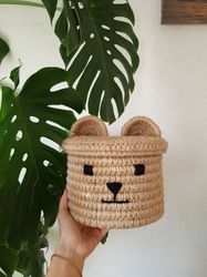 cute bear head basket with lid. storage basket. fun shelf basket. gift for teen girl. cute woodland decor