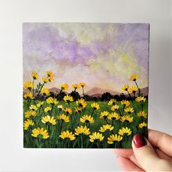 acrylic painting of a landscape sunset field of yellow daisies