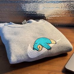 Snorlax Nike Embroidered Crewneck, Pokemon Embroidered Sweatshirt, Inspired Embroidered Manga Anime Hoodie