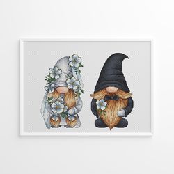 gnomes wedding cross stitch, bride and groom gnomes cross stitch pattern pdf, love cross stitch, wedding gift