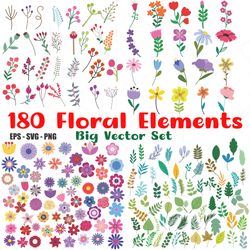 floral clipart, spring flower bundle, floral hand drawn elements, doodle botanical clipart, wildflower eps, png, svg