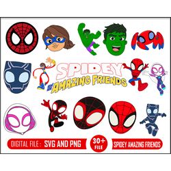 30 spidey, amazing friends svg and png, clipart, eps, png, dxf, pdf, miles morales, spider gwen, hulk, black panther, la