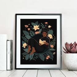 black girl reading book, tropical leaves and flowers printable poster, melanin art, african american art, digital