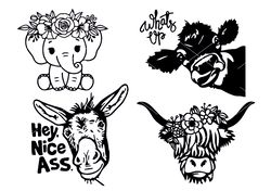 highland cow svg png, baby elephant svg png, funny donkey svg png eps dxf