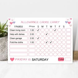 allowance chore chart editable, how to earn money, allowance tracker, responsibility chart, reward chart.