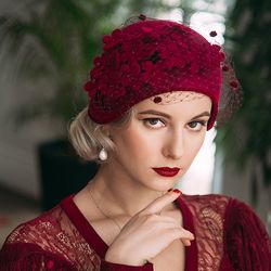 burgundy cloche hat, 1920s style hat, winter hat, half hat,1930s hat, 1940s hat