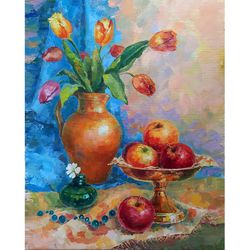 oil painting. still-life. flowers. tulips. fruit 19.69 x 15.75 inches