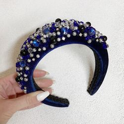 blue headband, embroidered headpiece, headdress, beaded tiara, accessory for her, crown, girl gift, hair slide, jewelry