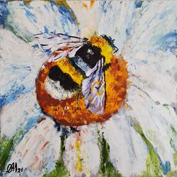 bee original oil painting daisy art insects artwork wildlife painting small oil art bee wall home decor