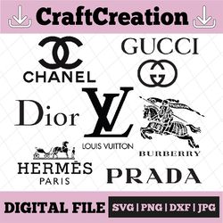 logo fashion brand bunlde: louis vuitton svg, chanel svg, burberry svg, prada svg, gucci svg, hermes paris svg, dior svg