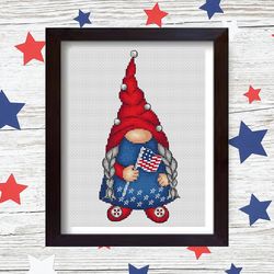 patriotic gnome cross stitch pattern pdf, american gnome cross stitch, 4th of july gnome, independence day cross stitch