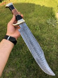 16 Inches Damascus Steel Raindrop Pattern Knife Crocodile Dundee Brass Guard Handle