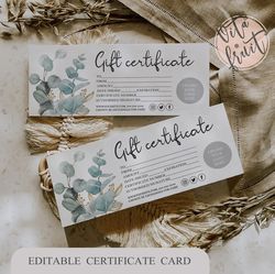 gift voucher template, printable gift certificate, gift card printable, instant download, editable gift certificate