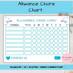 allowance chore chart editable, how to earn money, allowance tracker, kids chore chart, reward chart.