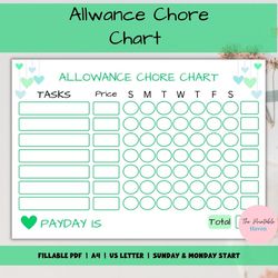 allowance chore chart editable, how to earn money, allowance tracker, responsibility chart, reward chart, a4, us letter.