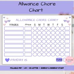 allowance chore chart editable, how to earn money, allowance tracker, responsibility chart, reward chart, fillable pdf.