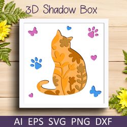 cat with flowers 3d shadow box template, animal svg papercut file