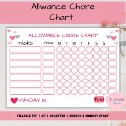 allowance chore chart editable, a4, us letter, how to earn money, allowance tracker, responsibility chart, reward chart.