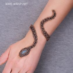 aquamarine snake cuff bracelet for woman, copper wire wrapped bangle unique wire work jewelry gift for her wire wrap art