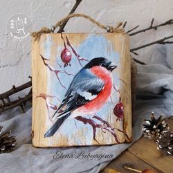 pretty bullfinch painting, wooden rustic decoration