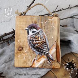 cute sparrow painting, wooden rustic wall hanging