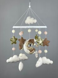 bear baby mobile. neutral brown beige nursery mobile for girl or boy.