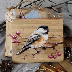 bluebird with red berries, rustic wooden wall hanging