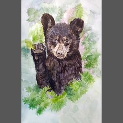 bear original watercolor painting animal painting  small brown bear painting by guldar