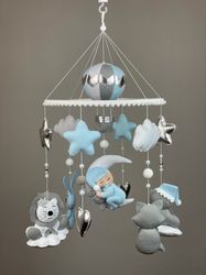 blue baby mobile for boy. nursery mobile with a balloon. hanging blue mobile crib.