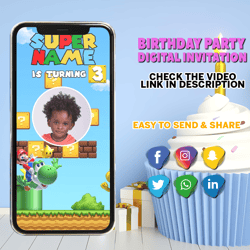 super mario invitation, super mario birthday video invitation, super mario birthday invitation, luigi, digital invite