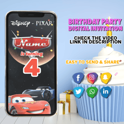 cars birthday invitation, cars video invitation, cars invitation, lightning mcqueen invitation, hot wheels birthday