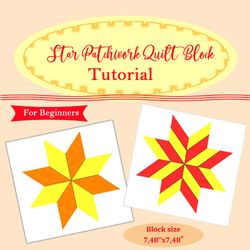 star patchwork quilt  sewing pattern tutorial, step-by-step instructions, how to sew star block pdf for beginners