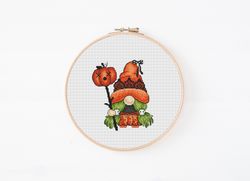 gnome cross stitch pattern, gnome girl cross stitch, gnome in pumpkin costume cross stitch, halloween cross stitch, pdf